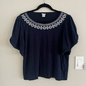 Cute Navy Blue Embroidered Women's Top by Chico’s in Size 2